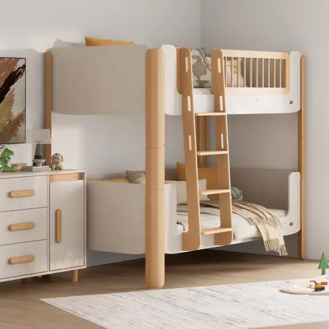 King Single Bunk Bed Wooden Frame with Guard Rail for Kids Bedroom Double Decker Bed