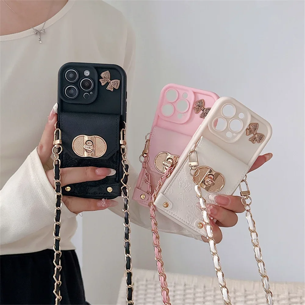 Carteira de couro com cordão crossbody e porta-cartões, capa de telefone para iphone 16 15 14 13 12 11 pro max, capa protetora à prova de choque