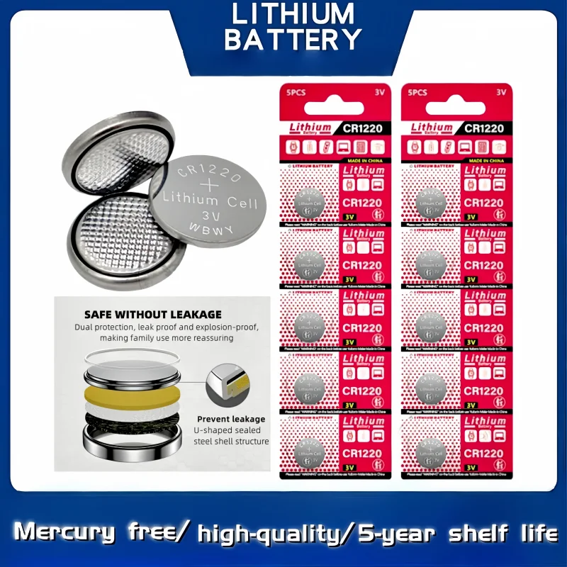 

CR1220 3V Lithium Battery 5-100PCS, Long-Lasting for Car Remote, Watch, Calculator, BR1220 LM1220 KCR1220 Compatible