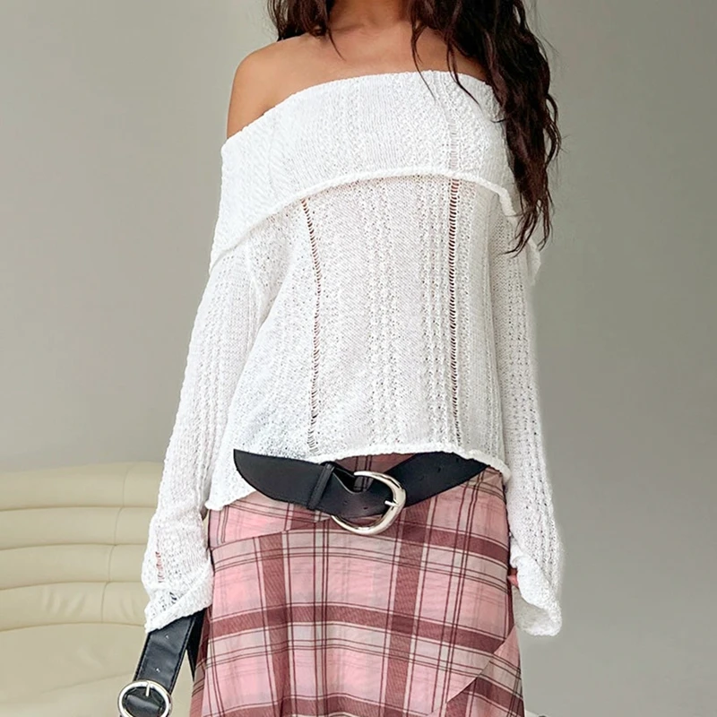 

Women Vintage White Knitted Sweater Fold Over Off the Shoulder Long Sleeve Pullovers Tops Elegant Lady Fall Hollow Out Jumpers