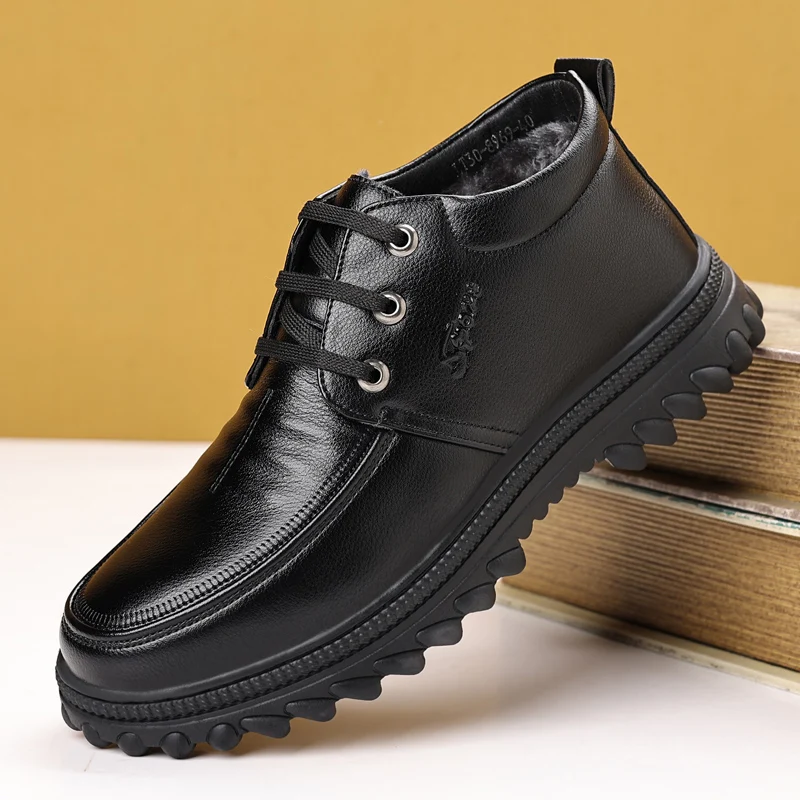 Winter Warm Men Business Cotton Shoes Outdoor Men Boots with Fur Comfortable Man Casual Shoes Genuine Leather Loafers Work Shoes