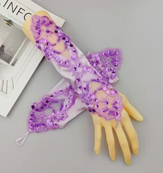 Sexy Women Satin Sequin Seam Pearl Lace Hook Finger Glove Female Retro Bride Hollowing Out Wedding Dress Fingerless Mitten B96