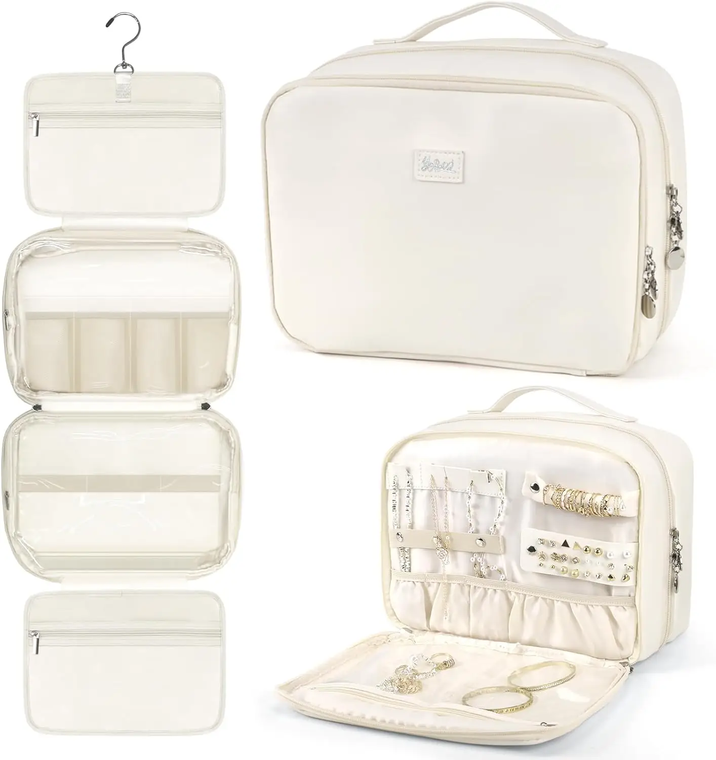 

Waterproof PU Leather Travel Toiletry Bag with Jewelry Organizer, Hanging Cosmetic Bag for Women, 4 Compartments Portable