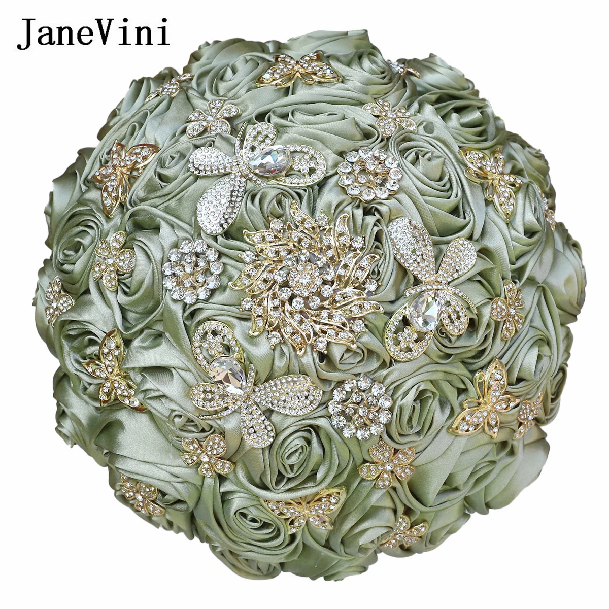 

JaneVini Sage Green Roses Wedding Bouquet De Mariage Artificial Rhinestones Crystal Bridal Hand Flowers Bridesmaid Teouw Boeket