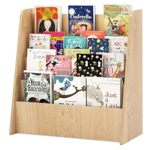 Kids Bookshelf, 4-Tier Wooden Toddler Bookcase, Children Book Rack & Magazine Display Shelf, Toy Storage Organizer