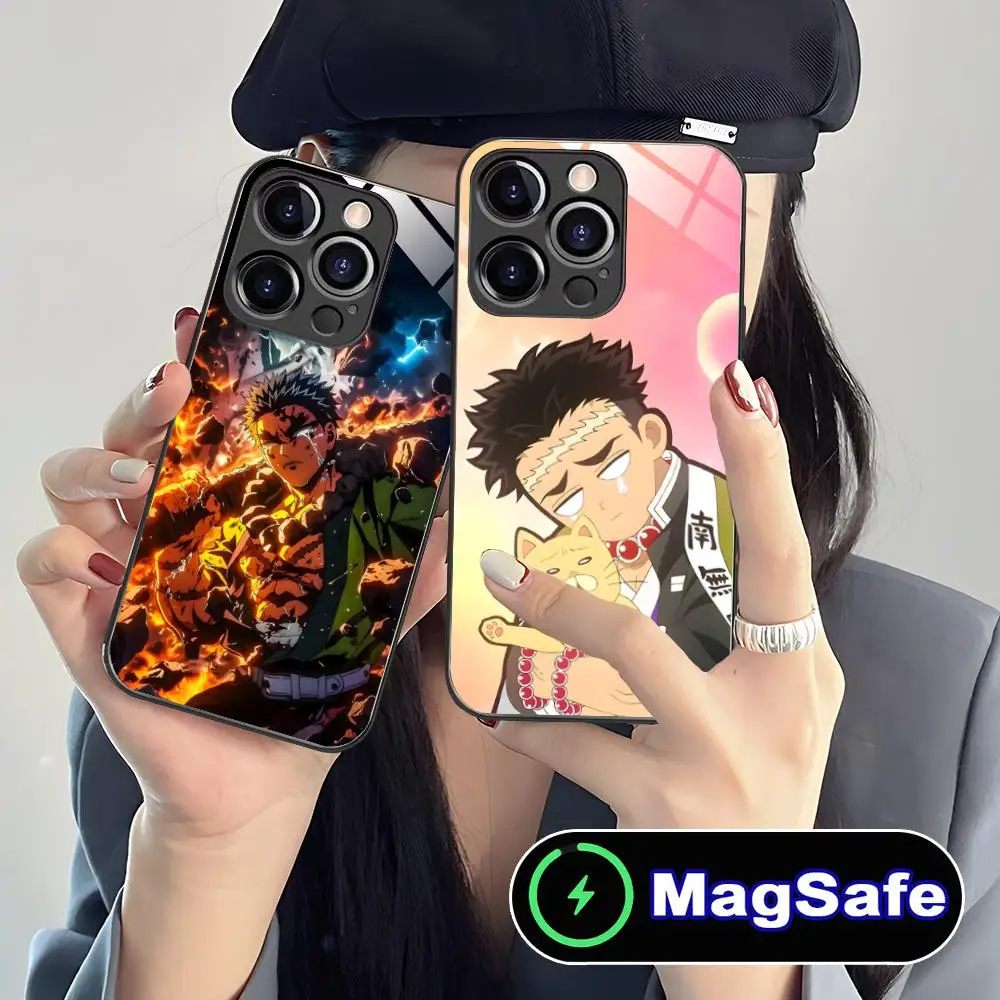حافظة هاتف Demon Slayer Gyomei لهاتف آيفون 16 15 14 13 12 11 Pro Max Plus Mini MagSafe لون زجاجي غطاء حماية للهاتف الذكي