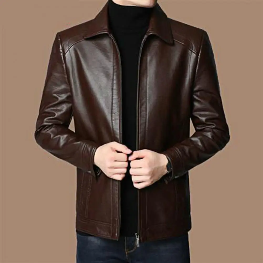 Faux Leather Jacket Stylish Men's Faux Leather Motorcycle Jacket with Stand Collar Thick Warmth Windproof Design for Cool Autumn