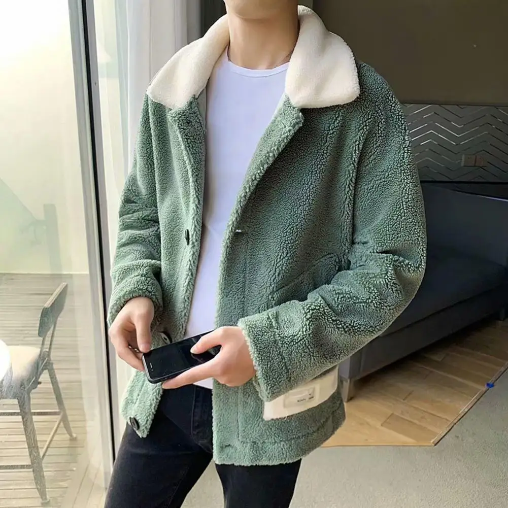 

Fall Winter Men Jacket Thickened Plush Turn-down Collar Men Coat Single-breasted Buttons Warm Soft Men Cardigan Coat