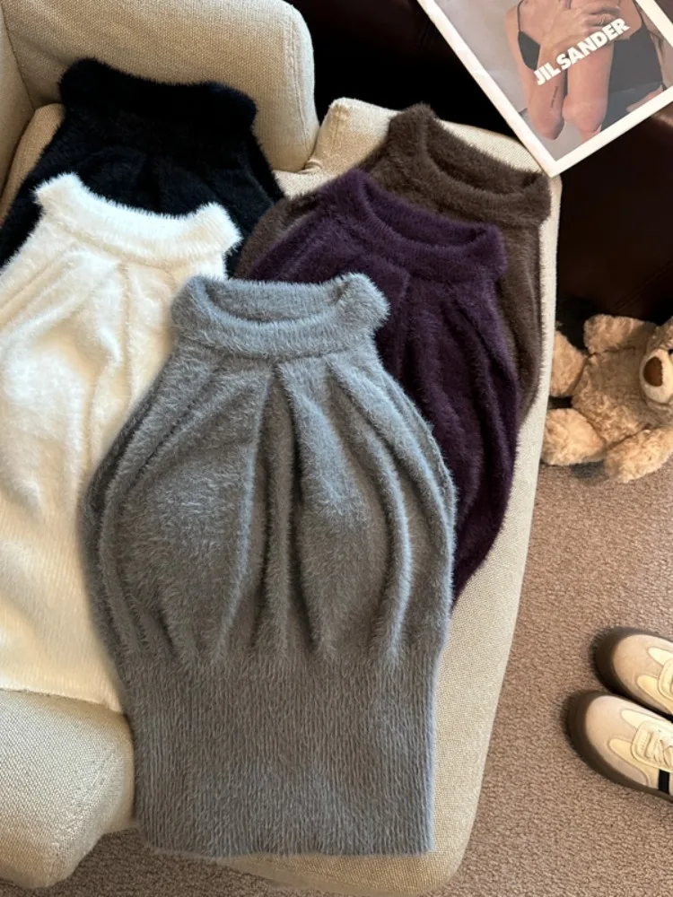 Chaleco oulderl sexy para mujer Otoño Invierno Faion Simulación de visón fino Colgante Ne Svel Top Thiened ort Pure Co...