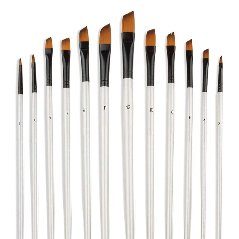 12pcs Angular Paint Brushes Set Nylon Hair Angled Watercolor Paint Brush Set for Acrylic Watercolor Gouache Inks Oil and Tempera