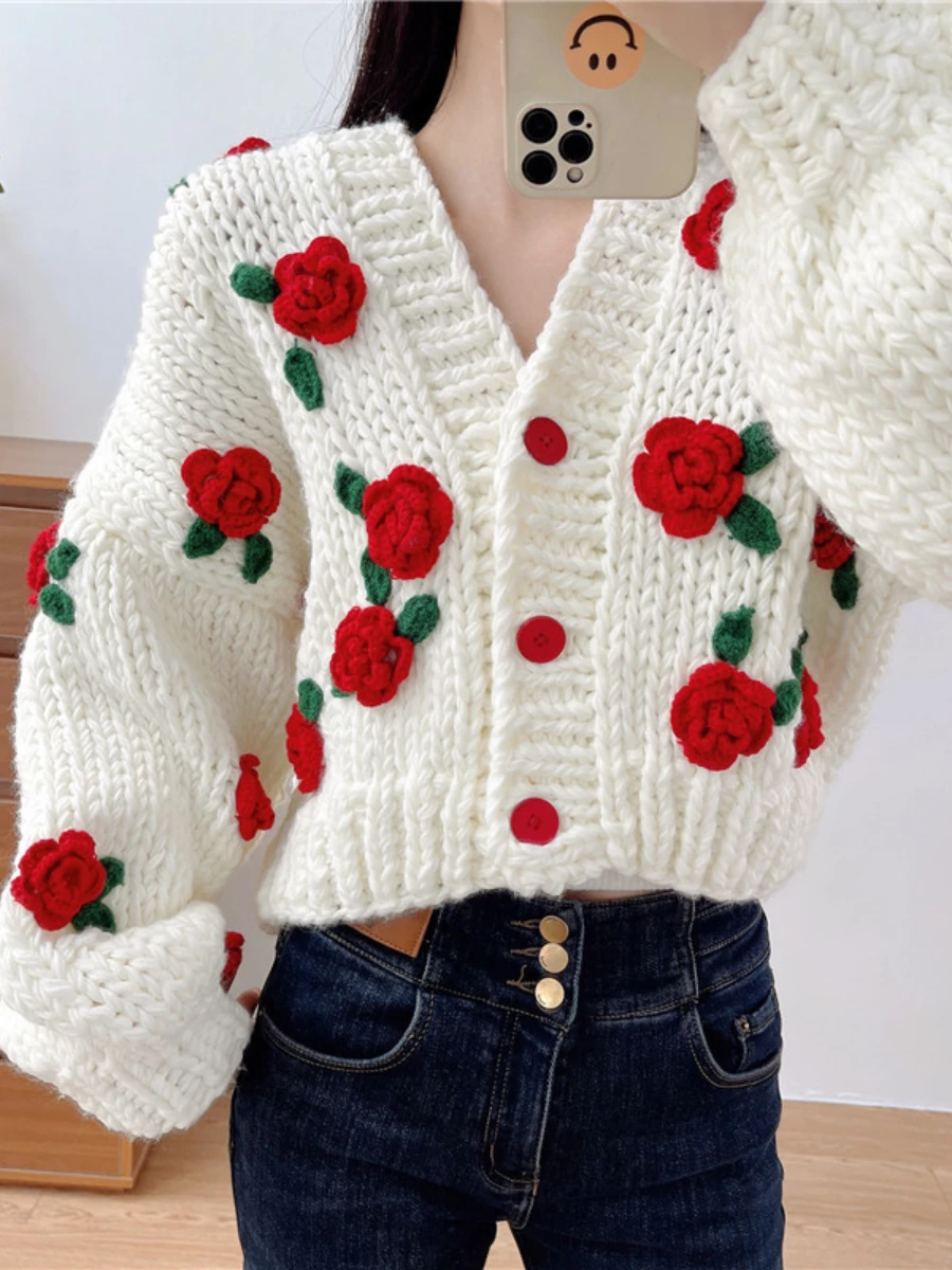 2022 Fall Winter Sweater Thick Knitted Cardigan Jacket Women Sweet Rose Flower Contrast Color Knitwear Coat New Year Sweater Top