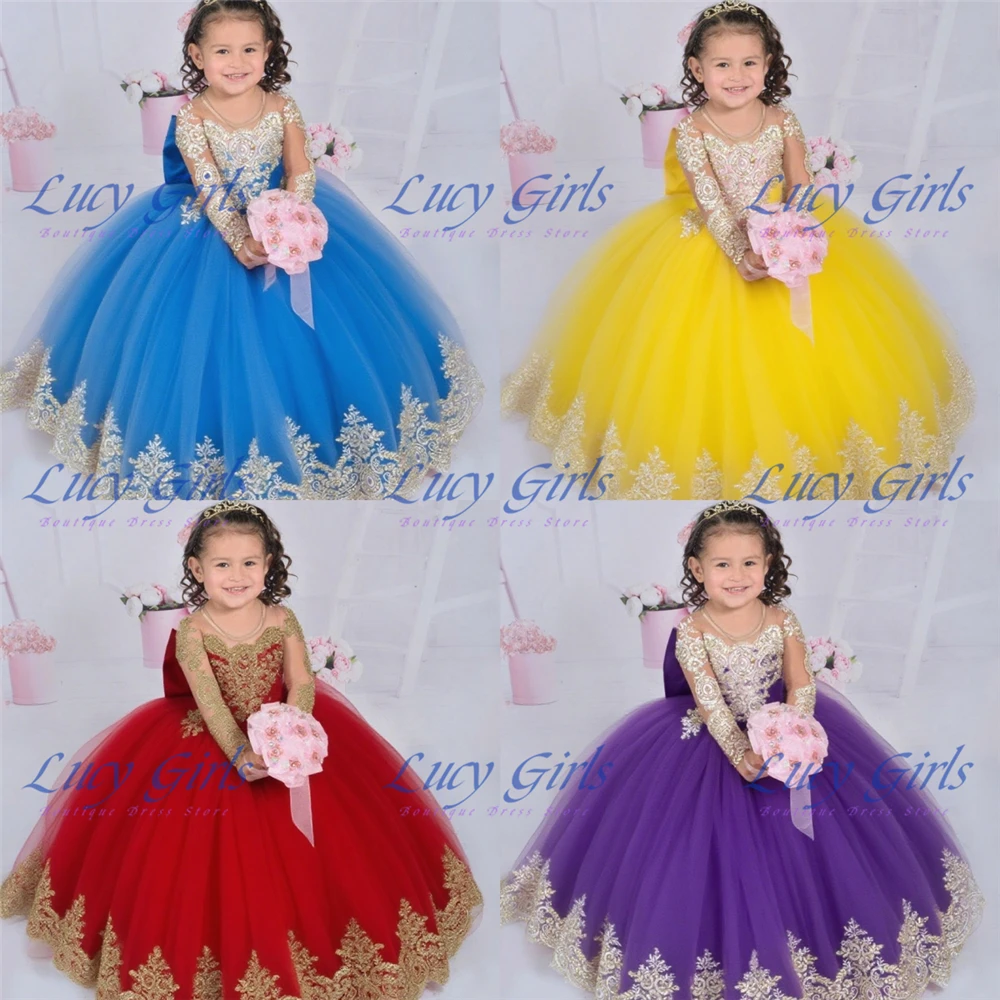 

Elegant Quality Flower Girl Dress Tulle Fluffy Exquisite Gold Appliques For Kids Wedding Birthday Party Evening Ball Dresses