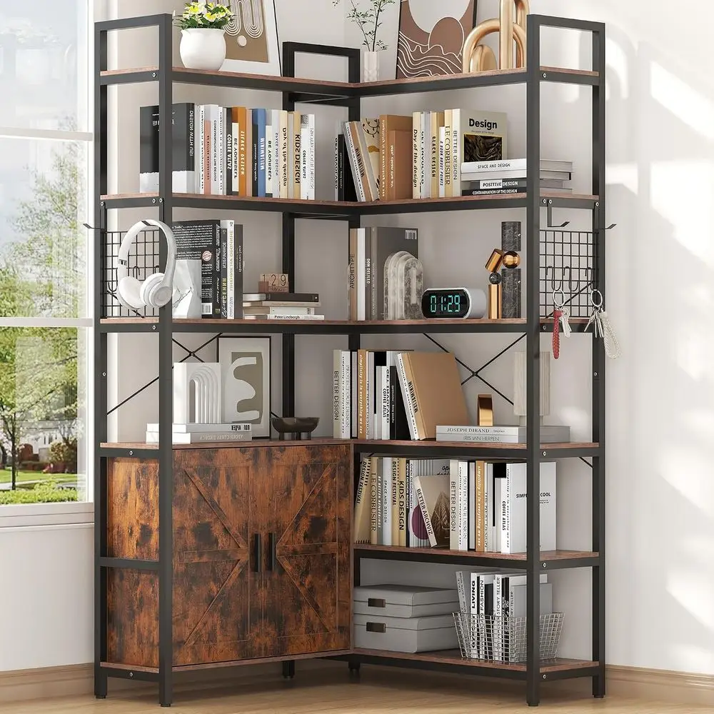 6-Tier Corner Bookshelf with Barn Doors and 10 Shelves, 71.3 Tall Convertible Bookcase with Storage Cabinet, Large L-Shaped Book view 2