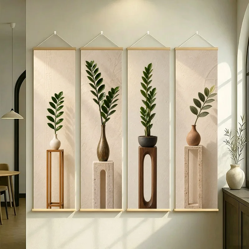 Fern Leaf Wall Art 4-Panel Upright Green Frond Vase Scroll Set on Beige Silver Shimmer Canvas for Natural Living Room Decor