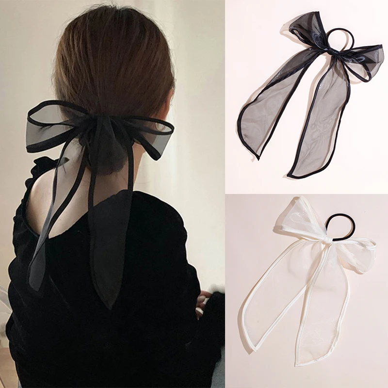 Lystrfac Long Strap Bow Scrunchies for Women Black Yarn Bow Hair Streamer Hair Ring Hair Accessories Hair Rope Simple Headwear