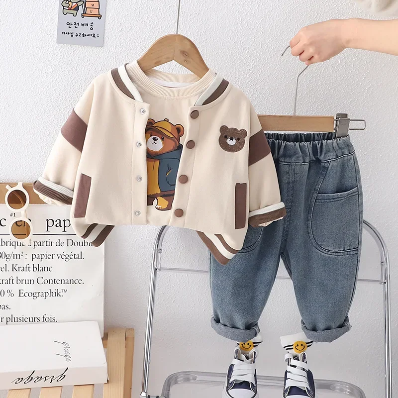 Autumn Spring Baby Boy Boutique Infant Clothes Casual Cartoon Cardigan Jackets+White T-shirt Top+Jeans Pants 3pcs Kids Sport Set