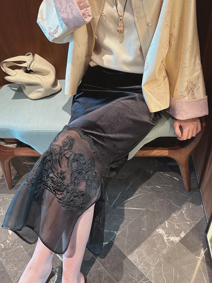 

Женская прямая юбка Ele Velvet с цветочным кружевом и разрезом, с завышенной талией, приталенная, весна 2026, из шелкового материала