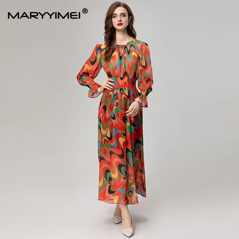 

MARYYIMEI Fashion Designer Spring Summer Women's O-Neck Flare Sleeve Pullover Wave Striped Coastal city Bohemian Holiday Dresses