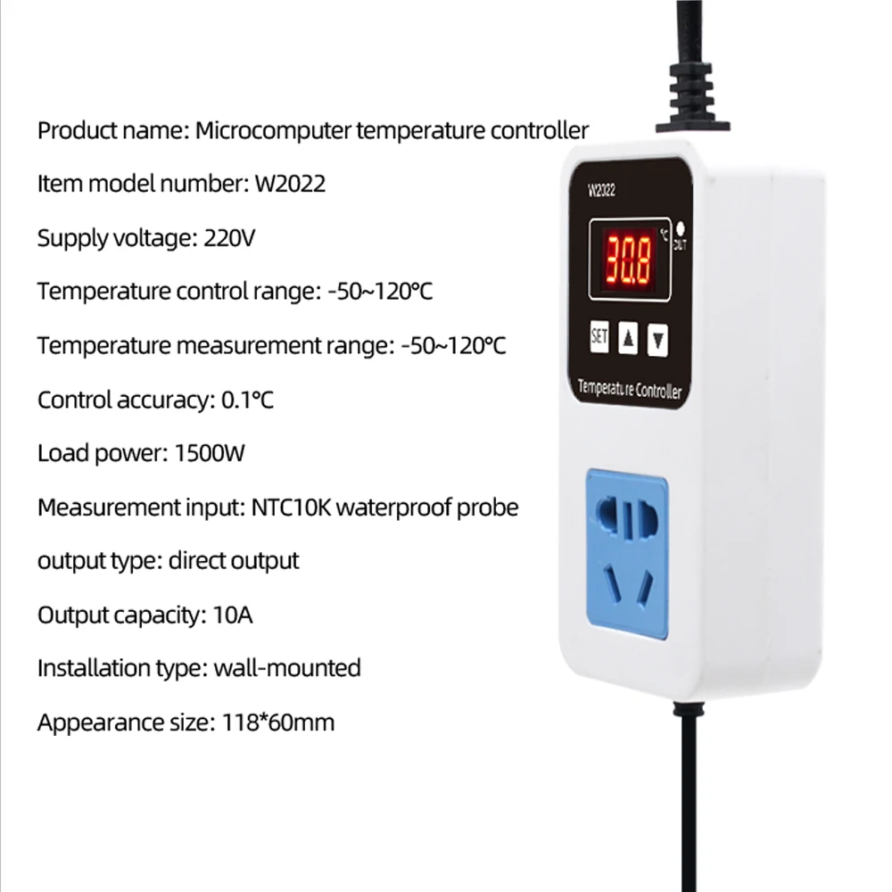 デジタル温度制御サーモスタット,w2022,AC110-220Vプローブ,LEDディスプレイ,ntcセンサー付き,冷却コントローラー