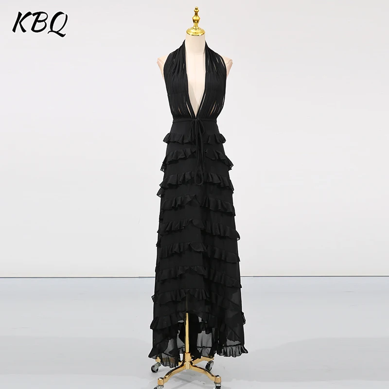 

KBQ Elegant Slim Sexy Spliced Folds Ruffles Dresses for Women Deep V Neck Sleeveless Backless High Waist Evening Dress Female