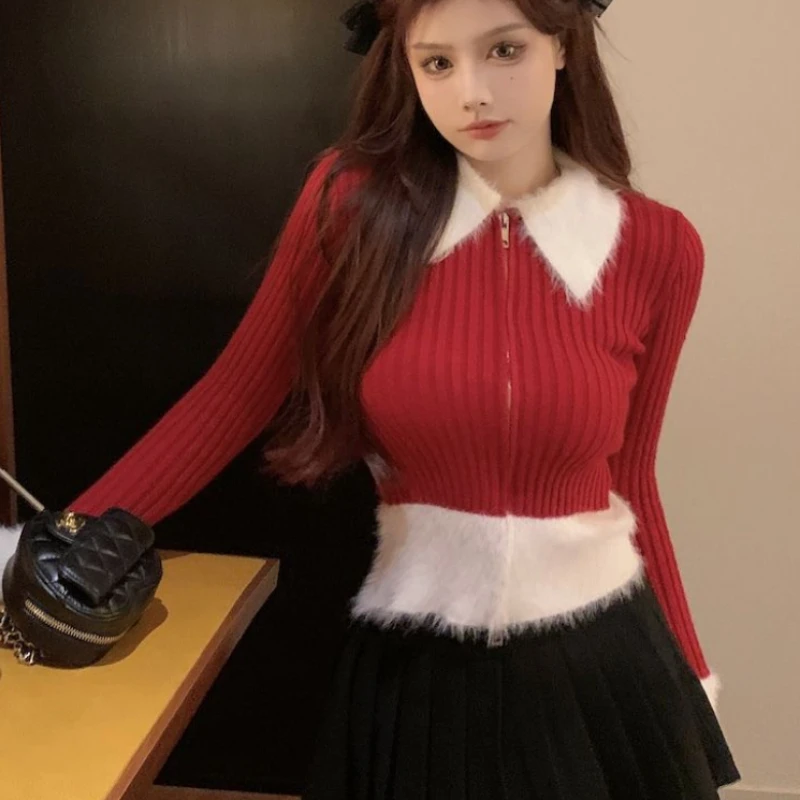 

Slim Cropped Cardigan Women Knitwear Hotsweet Sexy Temper High Street Fashion Panelled Zip Up Clothes Kpop Long Sleeve Кардиган