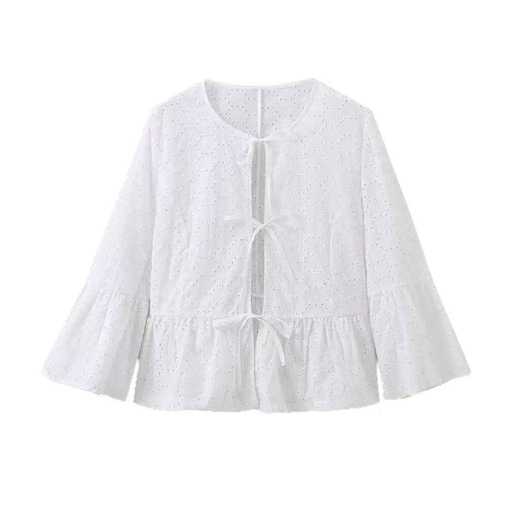 

2025 Fashion Hollow Out Lace Up Shirt Shorts Suit Fashion Women O Neck Full Sleeves Top High Waisted Shorts Set Chic Lady Outfit