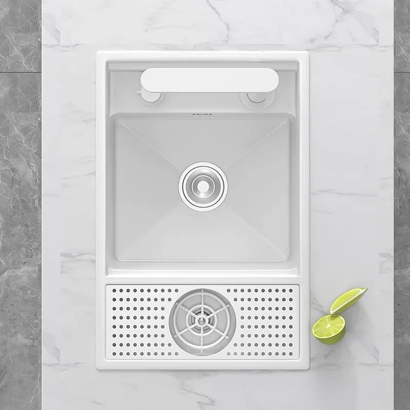 Cream White Colored Mini Bar Sink with Invisible Small Water Tank Island Sink Design Coffee Shop Cup Washing Hidden Sink Device