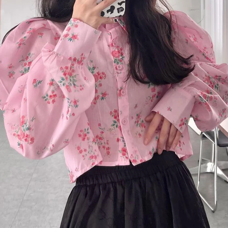 

Small floral age-reducing pink shirt women's early autumn 2024 new bubble long-sleeved fashion short waist-revealing top