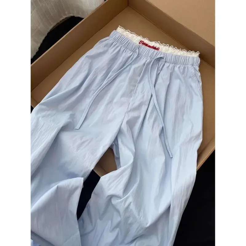 Pantalon amincissant taille haute bleu pour femmes, petit pantalon de marche ample à jambes larges, polyvalent, jambes droites, pré-automne