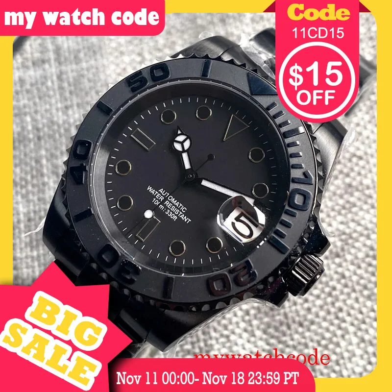 

Black PVD 40mm NH35A PT5000 Miyota Automatic Wristwatch for Men Date Black Sterile Dial Merc Hands Sapphire Glass Rotating Bezel