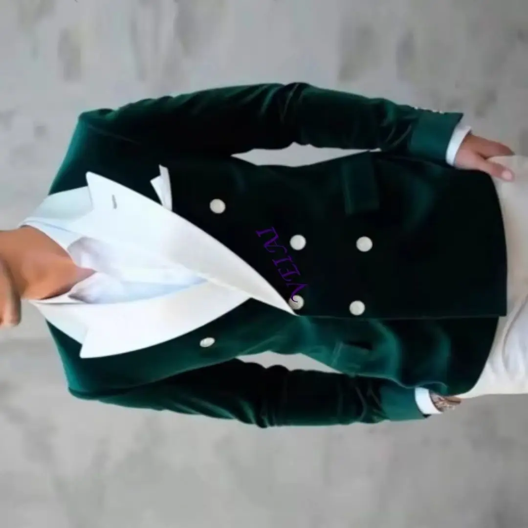 

Customized Green Velvet & White 2 Piece Men's Business Suit for Groom Groomsman Wedding Party Prom Formal Male Tuxedo Set