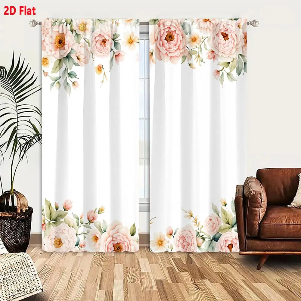 2Pcs Curtains Add 2D Flat Delicate Floral Border Design With Pink Peonies And Green Foliage On White Background Window Drapes fo