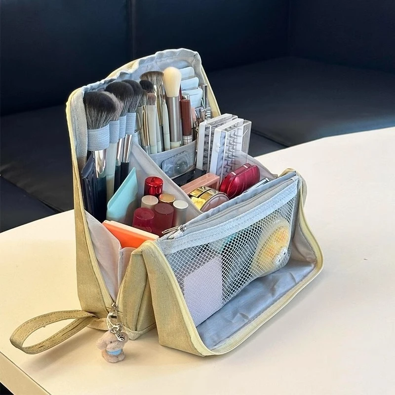 Women Vertical Makeup Bag Standable Large Capacity Skincare Storage Bag Partitioned Multi-Compartment Cosmetic Organizer