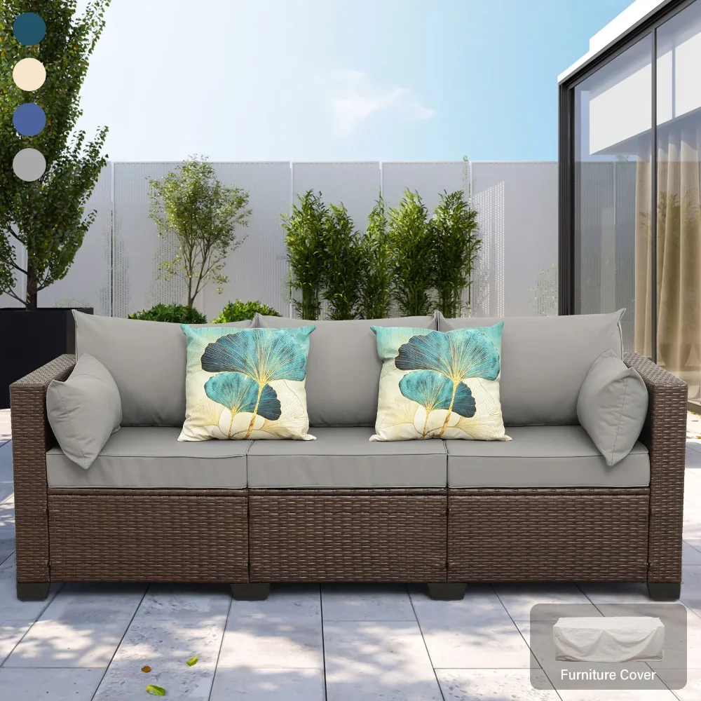 

3 patio wicker sofa outdoor rattan sofa furniture steel frame with deep seat high back non-slip upholstered furniture cover