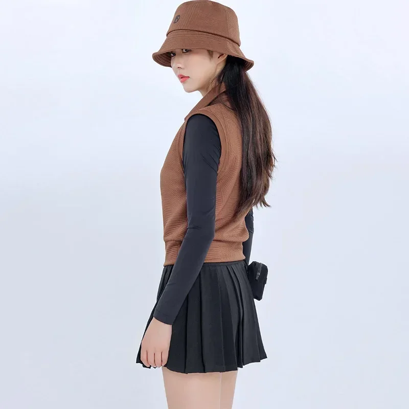 DK Autumn Ladies Sleeveless Knitted Golf Shirt Slim Keep Warm Vest Women Pleated Slim Skirt High Waist Soft Skort with Small Bag