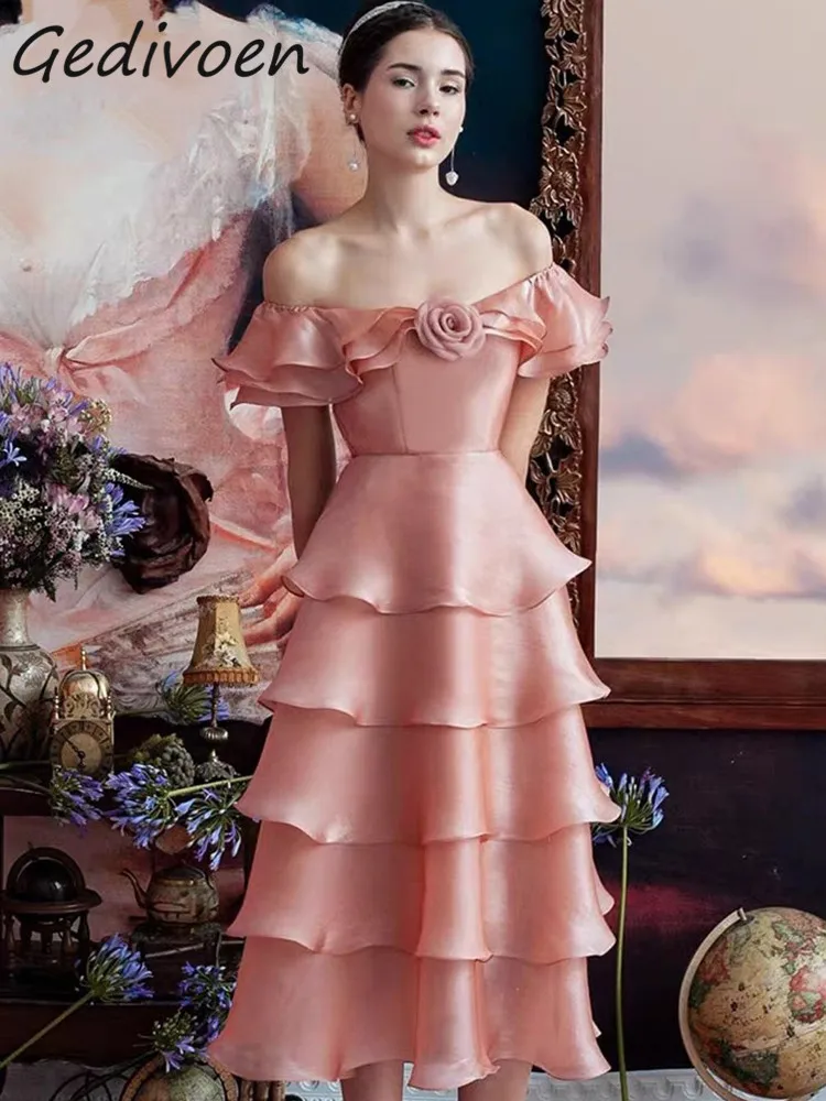 

Gedivoen Autumn Fashion Runway Pink Vintage Cake Dress Women Slash Neck Off Shoulder Cascading Ruffle High Waist Slim Long Dress