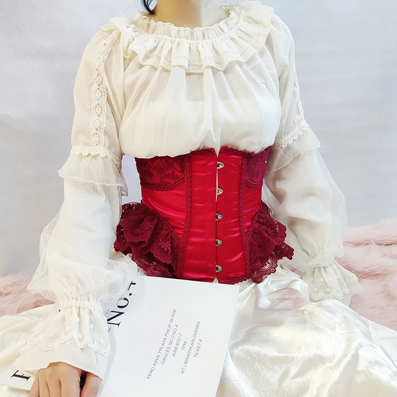 สั้นกระดูกเหล็กดอกไม้ลูกไม้ Underbust Corset Palace Princess Lolita สีแดง