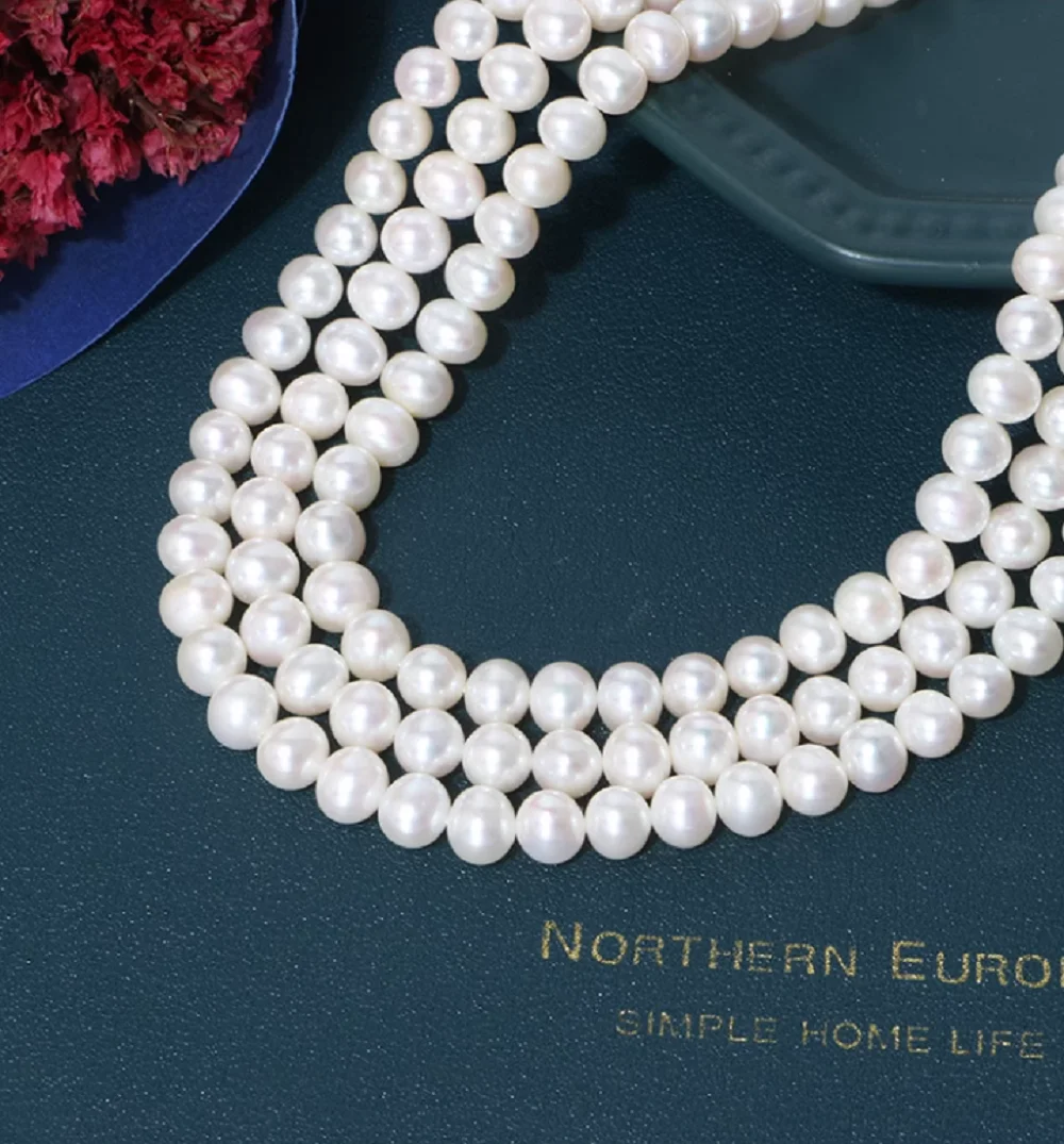 3 rows/necklace AAAA7-8mm natural Japanese round pearl necklace 14k white gold/16-17-18in/18-19-20in
