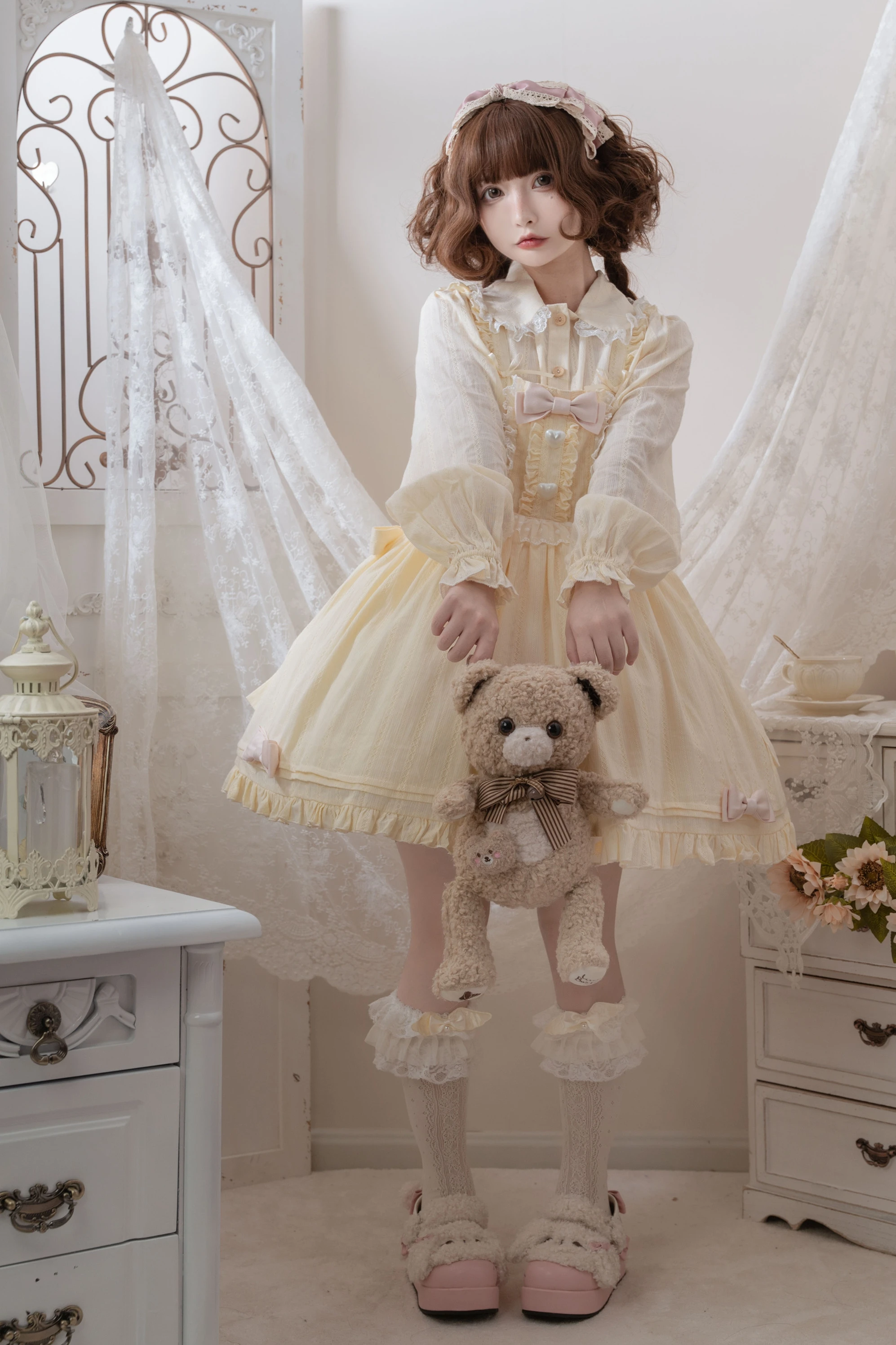 Original Cute Women Lolita OP Dress Flouncing Lace Trim Japanese Harajuku Long Sleeves Doll Teen Dress Fairy Vestidos