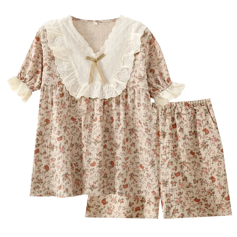 جديد الصيف الملابس النسائية الشاش القطن الخامس الرقبة الدانتيل منامة مع السراويل نايتي مجموعة قطعتين مجموعة منامة للنساء