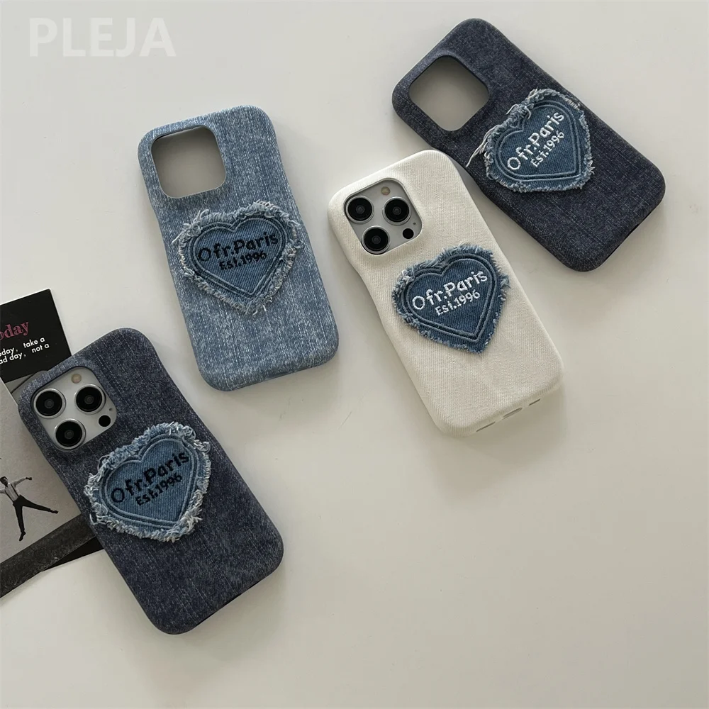 Coque de téléphone en tissu denim avec lettre brodée, coque de protection, cœur mignon, mode, iPhone 13, 12, 14, 15, Pro, Max, 11