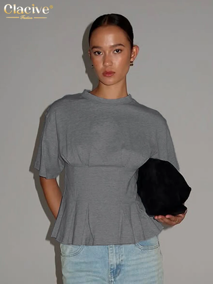 

Clacive Summer Slim Gray Women's T Shirt 2026 Bodycon O-Neck Short Sleeve T-Shirts Elegant Classic Plaeted Top Female Clothing