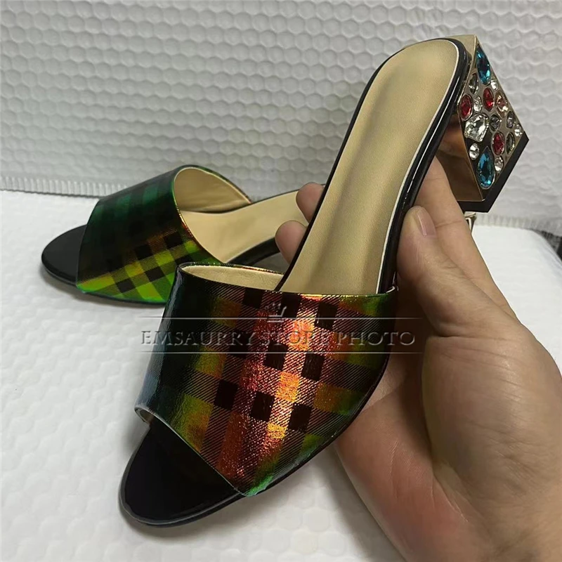 Colorful Rhinestone Square Heel Summer Mules For Girls Unique Leather Slingbacks Modern Sandals Women