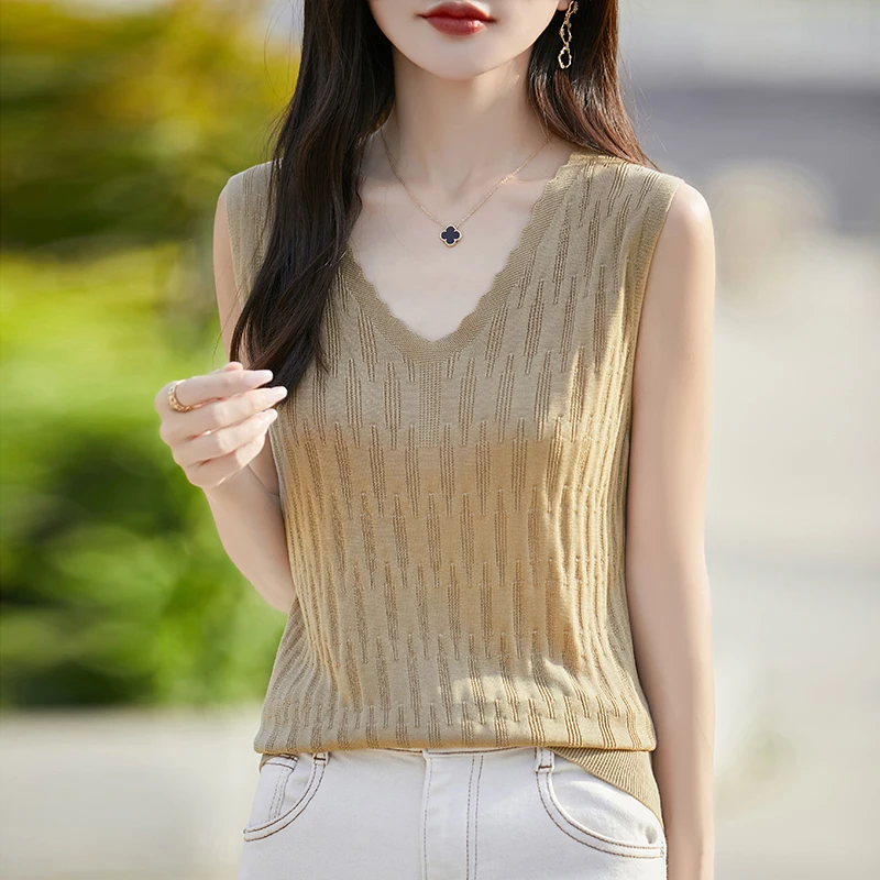 

Women's T-shirt Summer Knitted Tees Casual Solid Sweater Sleeveless V-Neck Blouse Ladies Clothes Slim Tops Fashion Tank Vest