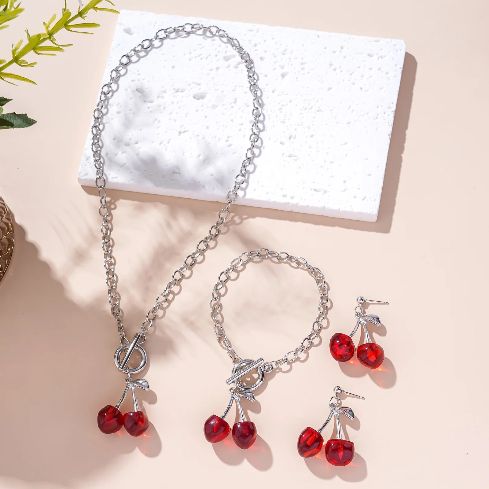 

Vintage Red Black Cherry Tassel Stud Earring Necklace Silver Cord Chain Bracelet OT Clasp Necklace Bracelet for Women Jewelry