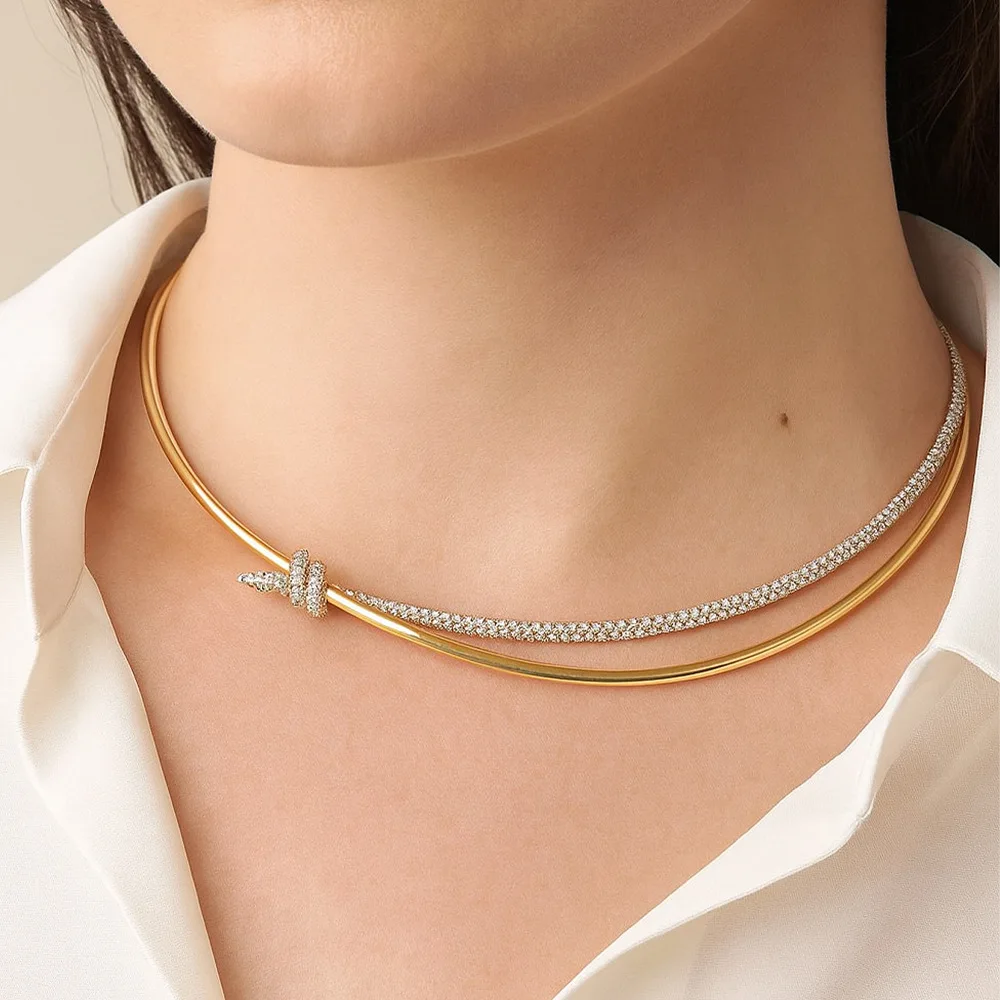 Golden Delicate Knot Crystal Choker Necklace Women Open-ended Rhinestone Collar Necklace Elegant Wedding Party Jewelry