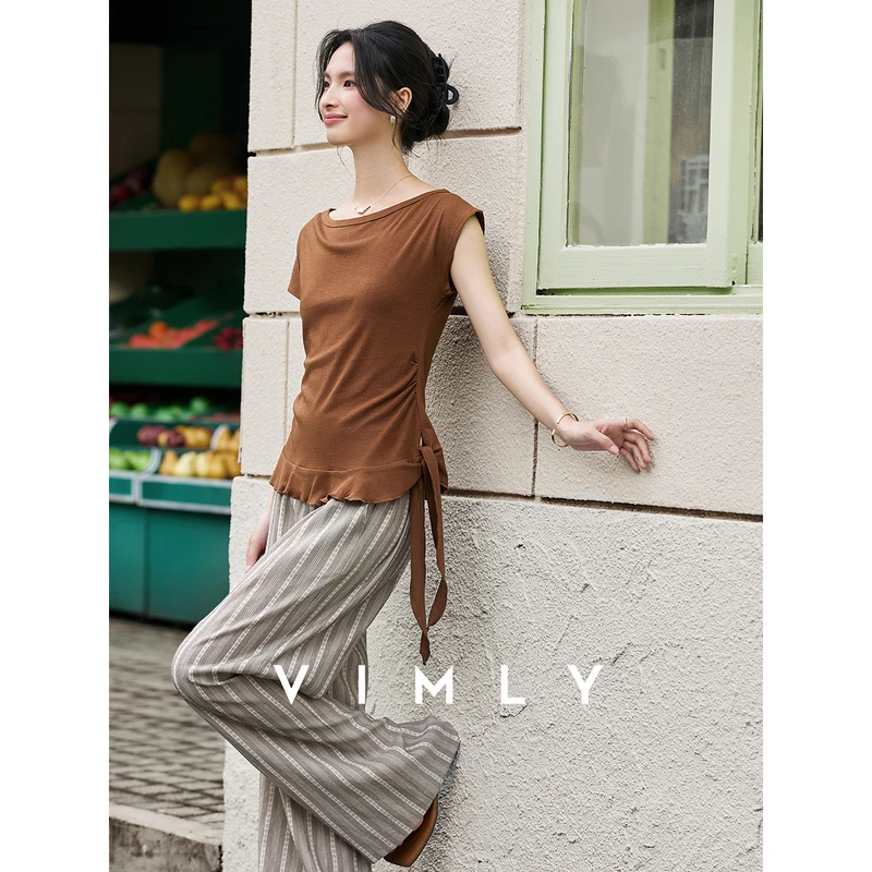 

VIMLY Women's Summer Trouser Suit 2025 Elegant Pleat Slash Neck Brown Short Sleeve Tops Striped Straight Pants Ladies Set A2697