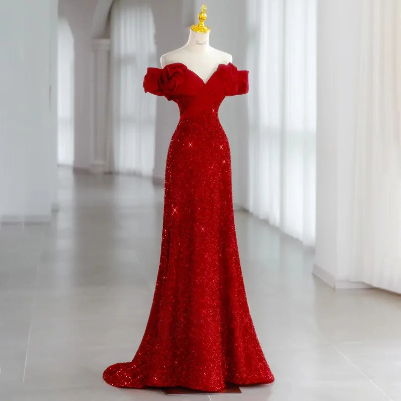 

Off Shoulder Red Sequin Toast Dresses Women New V-Neck A-line Backless Wedding Party Mermaid Dress Luxury Exquisite Evening Gown