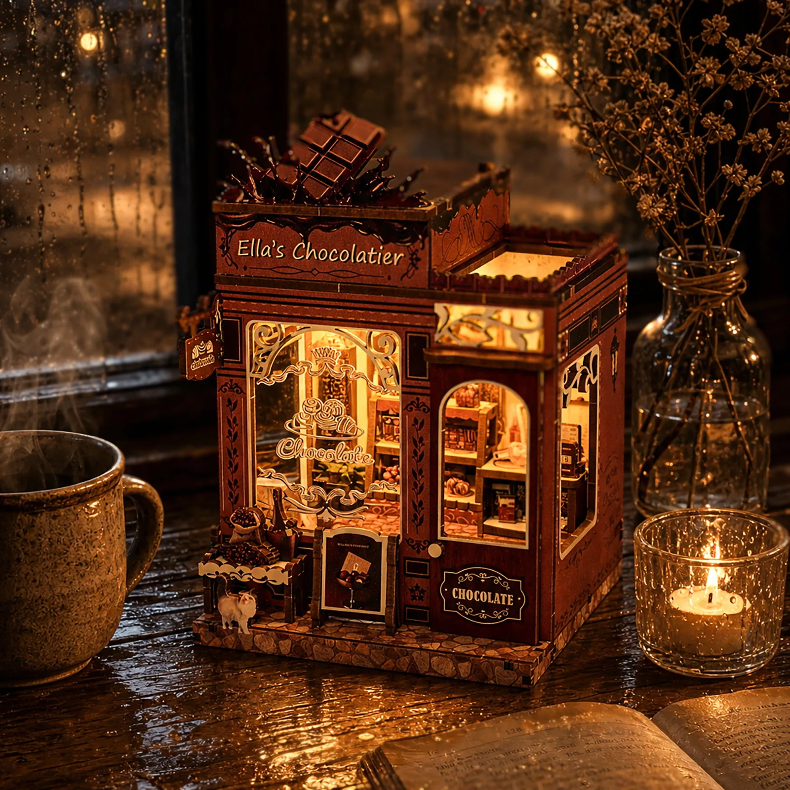 DIY Wooden Book Nook Insert Miniatures Ella’s Chocolatier Vintage Street Dollhouse Assembly Model Craft Bookends for Shelves