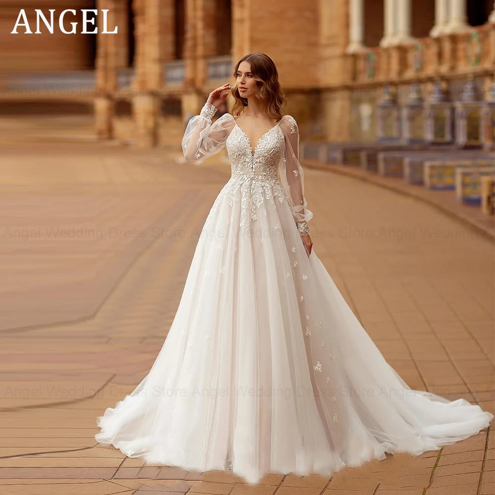 ANGEL Boho A-Line Lace Wedding Dresses Customized For Woman Long Puff Sleeves Tulle Bridal Gowns Applique Bride Dress Plus Size